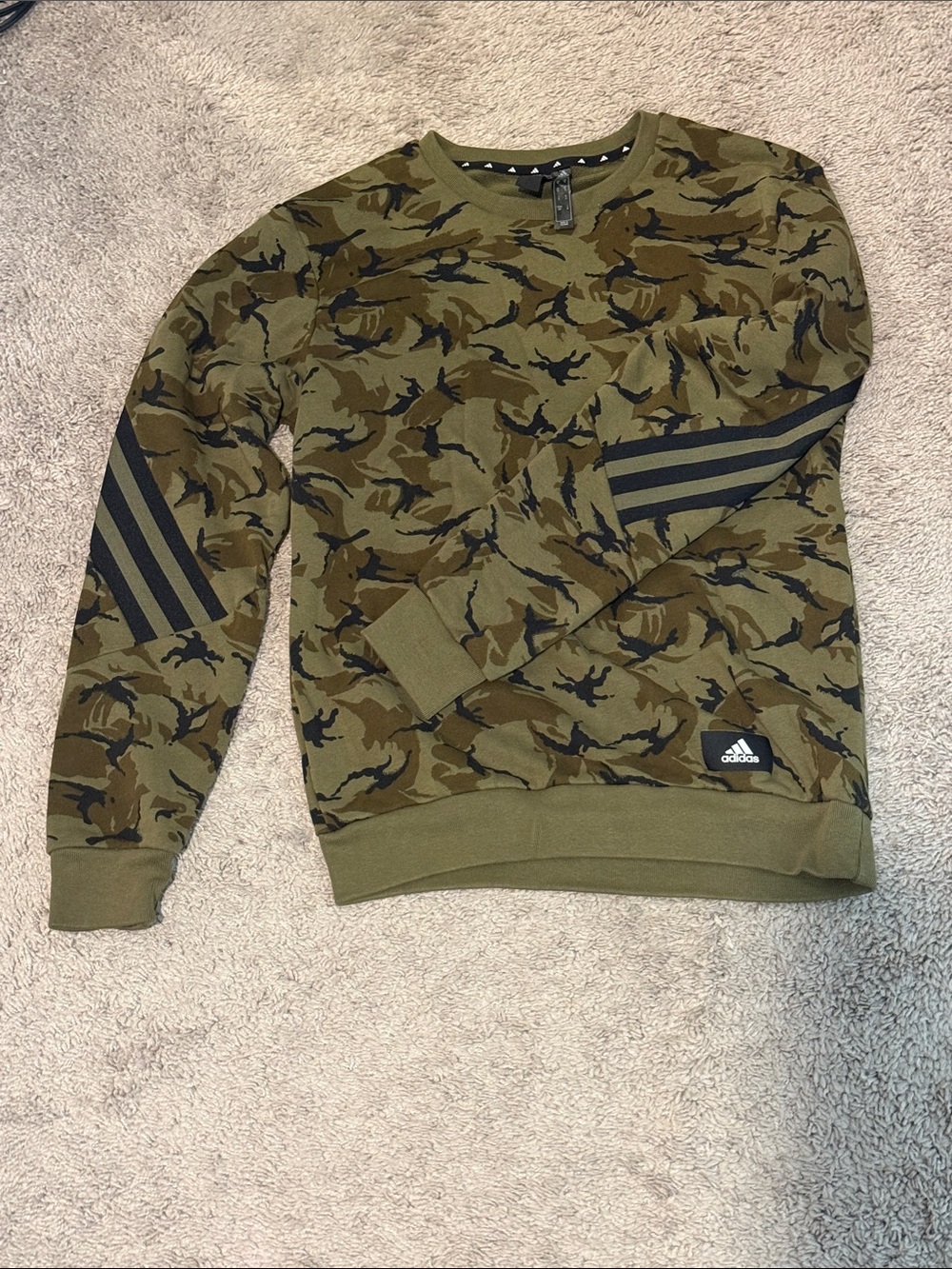 adidas Olive Camo Crewneck Sweatshirt with Stripe Sleeve Detail